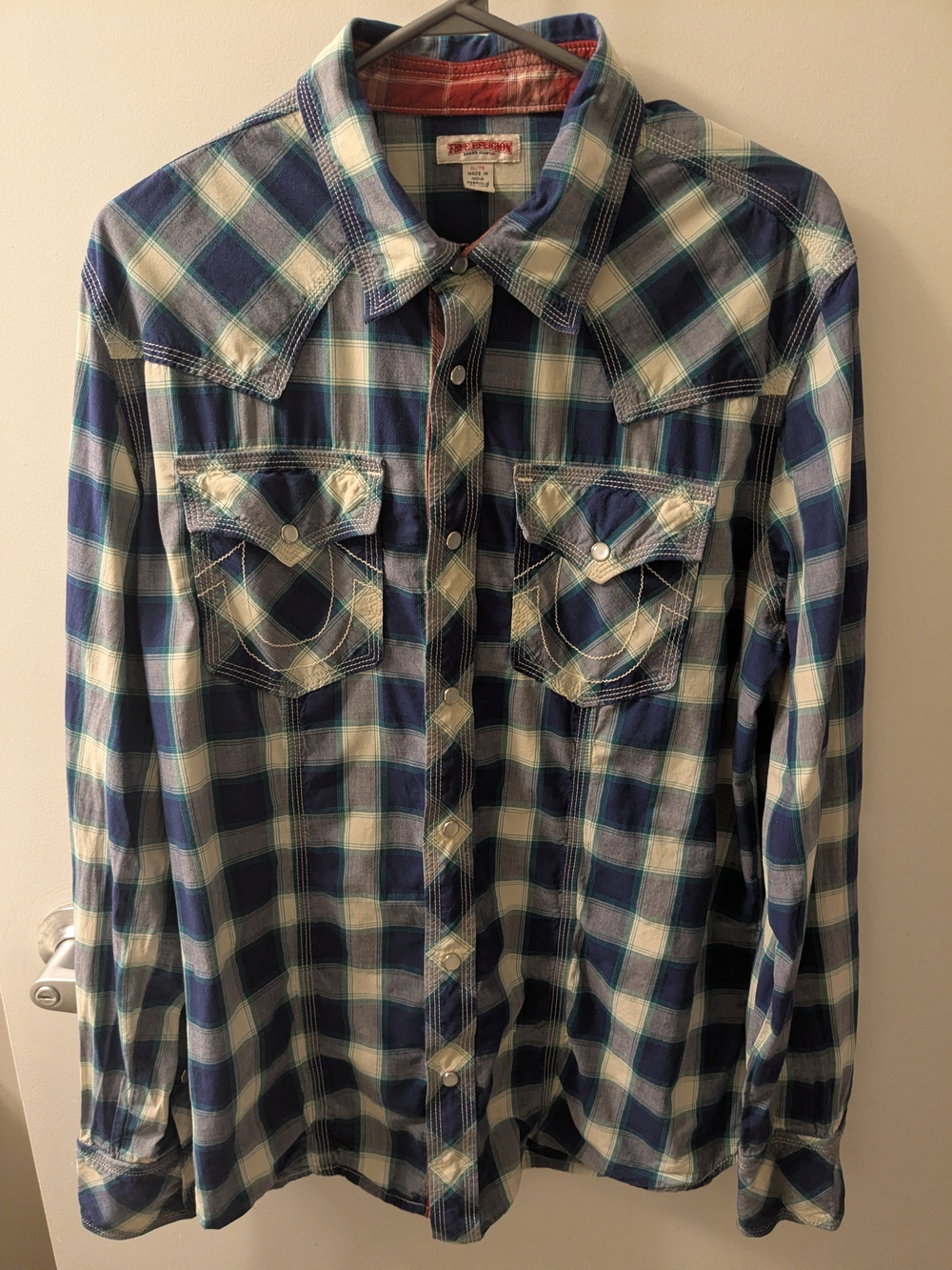 True Religion Blue and White Plaid Western Button-Down Shirt